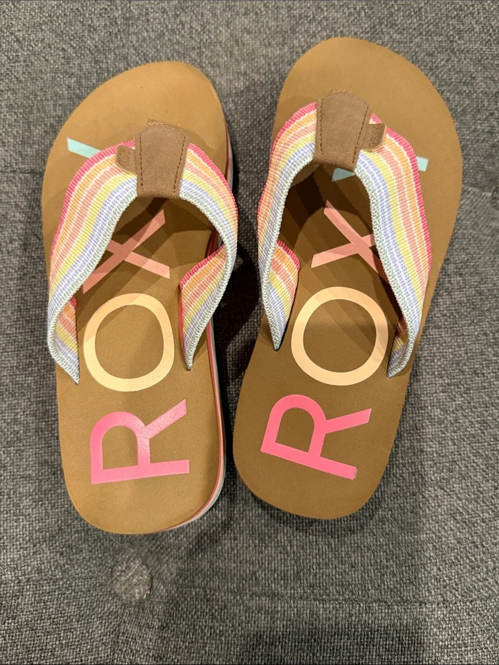 Roxy Girls' Brown Sandals with Pastel Rainbow Straps